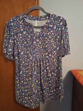Anyally NWOT Blue Floral Summer Puff Short Sleeve Tunic Women's Size L